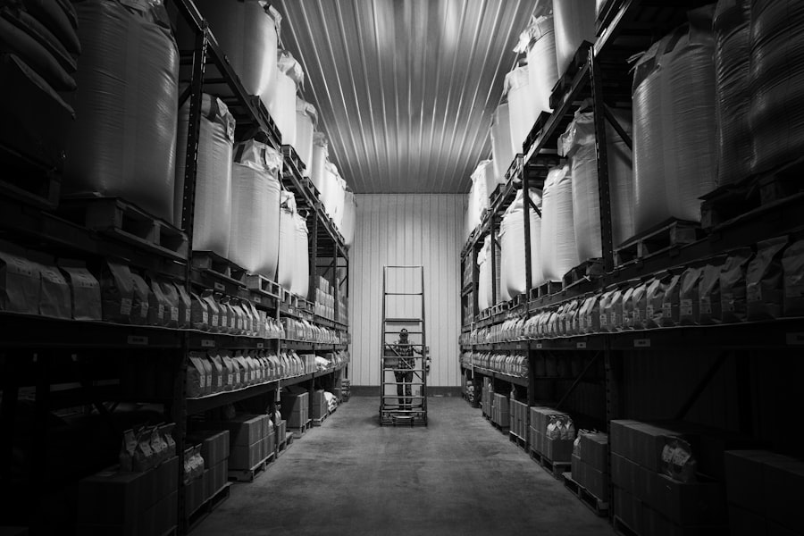 Warehouse shelves filled with boxes — global supply chain
